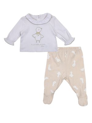 Girls Beige Printed Smock with Legging